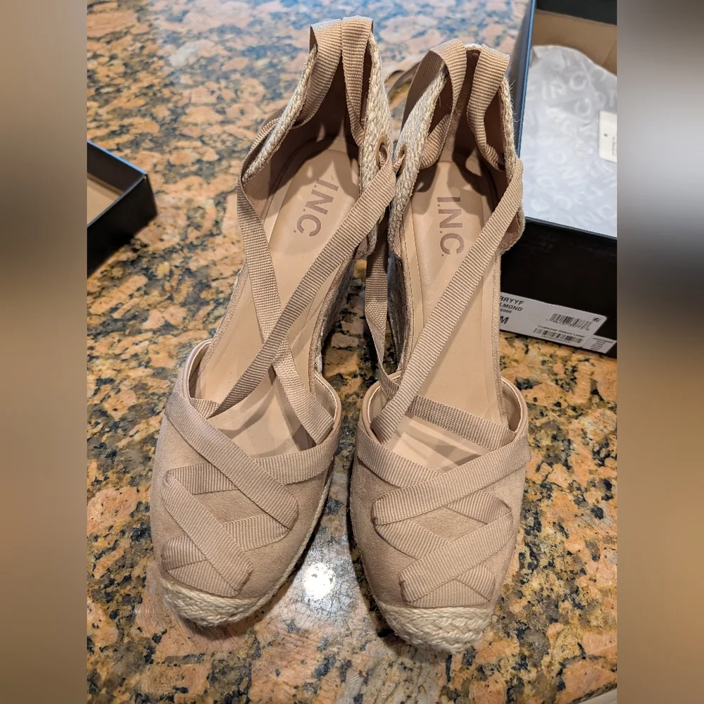 INC International Concepts Beige Espadrille Wedge Sandals with Ankle Wrap - Picture 2 of 6